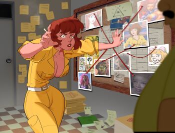 absurdres april_o&#039;neil ariel_(disney) black_hair breasts bulletin_board cleavage cleveland_brown collarbone dark-skinned_male dark_skin dc_comics disney disney_princess evidence_board evidence_markers eye_twitch facial_hair family_guy green_eyes highres it&#039;s_always_sunny_in_philadelphia josie_and_the_pussycats josie_mccoy jumpsuit large_breasts meme multiple_girls mustache open_jumpsuit pepe_silvia_(meme) philtomato reporter short_hair standing starfire starfire_(2011_costume) string teenage_mutant_ninja_turtles teenage_mutant_ninja_turtles_(1987) the_little_mermaid_(disney) thumbtack yellow_jumpsuit