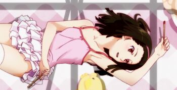 1girl arm_up armpits bare_shoulders black_hair blush breasts brown_eyes chopsticks collarbone female_focus flat_chest frilled_skirt frills hairband highres holding holding_chopsticks kneehighs loli lying medium_hair miniskirt monogatari_(series) no_bra on_back open_mouth pink_hairband sengoku_nadeko sexually_suggestive skirt sleeveless small_breasts socks solo solo_focus thighhighs white_skirt white_thighhighs zettai_ryouiki