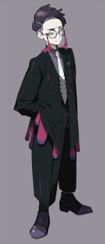 1boy black-framed_eyewear black_jacket black_pants brown_eyes closed_mouth collared_shirt commentary_request corbeau_(pokemon) full_body glasses grey_background hand_in_pocket highres jacket looking_at_viewer male_focus necktie nintendo pants pokemon pokemon_legends:_z-a purple_hair purple_shirt purple_shoes round_eyewear shiratama_(shiratamaco) shirt shoes simple_background solo standing thick_eyebrows white_necktie
