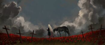 1boy black_coat black_horse charon_(reverse:1999) cloud cloudy_sky coat covered_face cross flower grey_sky highres holding holding_notebook male_focus notebook paracetamol_(junk_piled) poppy_(flower) red_flower reverse:1999 scenery sky solo standing too_many_flowers veil white_veil wide_shot