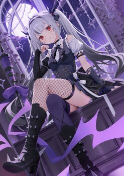 1girl asymmetrical_gloves asymmetrical_legwear bare_shoulders black_boots black_bow black_dress black_gloves black_hair black_hairband black_nails boots bow breasts closed_mouth cloud commentary_request commission crossed_legs dress elbow_gloves fingerless_gloves fishnet_thighhighs fishnets frills full_moon gloves gradient_hair grey_hair hair_intakes hairband hand_up high_heel_boots high_heels highres indoors looking_at_viewer medium_breasts mismatched_gloves mismatched_legwear moon multicolored_hair multicolored_nails nail_polish night night_sky orange_nails original paid_reward_available pleated_dress puffy_short_sleeves puffy_sleeves purple_bow purple_thighhighs red_eyes shirt short_sleeves single_fishnet_legwear sitting skeb_commission sky smile solo spiked_boots striped_bow thighhighs thighhighs_under_boots twintails white_shirt window yoshino_ryou