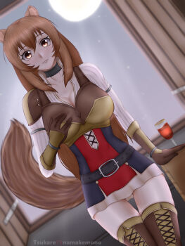 1girl absurdres alcohol alternate_eye_color animal_ear_fluff animal_ears armor artist_name belt black_belt black_choker black_dress boots breastplate breasts brown_eyes brown_gloves brown_hair choker cleavage closed_mouth collared_dress commentary cup dress drinking_glass dutch_angle elbow_gloves english_commentary eyelashes full_moon gloves hand_on_own_chest highres indoors large_breasts large_variant_set leather_armor light_smile long_hair long_sleeves metal_arm_cuffs metal_wrist_cuffs moon night night_sky no_tattoo partially_open_dress pauldrons pinstripe_dress pinstripe_pattern raccoon_ears raccoon_girl raccoon_tail raphtalia red_dress short_dress shoulder_armor single_pauldron skindentation sky sleeveless sleeveless_dress solo standing straight-on straight_hair tail tate_no_yuusha_no_nariagari thigh_boots thigh_gap tsukare_(ttsukae) two-tone_dress variant_set white_dress window wine wine_glass