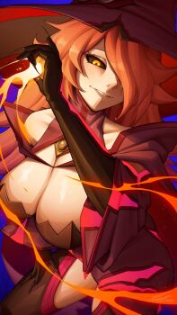 1girl absurdres arc_system_works black_sclera blazblue breasts cleavage colored_sclera hair_over_one_eye hat highres huge_breasts konoe_a._mercury long_hair solo tettora witch_hat