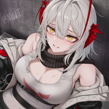 1girl antenna_hair arknights black_jacket black_scarf breasts clenched_teeth demon_girl demon_horns doctor_(arknights) grey_hair holding horns jacket large_breasts looking_at_viewer mildt open_clothes open_jacket red_horns scarf short_hair smile solo sweat tank_top teeth w_(act_ii)_(arknights) w_(arknights) white_tank_top yellow_eyes