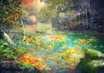 absurdres autumn autumn_leaves cliff commentary_request concept_art highres landscape leaf log nature no_humans original outdoors partial_commentary river rock scenery water zaq_(pgvc4472)