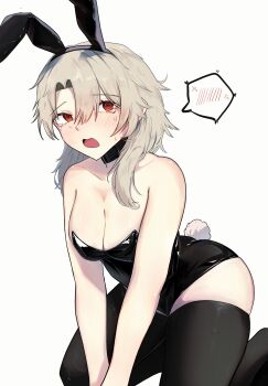 1girl absurdres animal_ear_hairband animal_ears black_choker black_leotard black_thighhighs blush breasts chainsaw_man choker cleavage crying crying_with_eyes_open fake_animal_ears fake_tail famine_devil_(chainsaw_man) grey_hair hairband highres kkami_(12ko_yangil_f13_14) large_breasts leotard long_hair open_mouth playboy_bunny rabbit_ear_hairband rabbit_ears rabbit_tail red_eyes ringed_eyes simple_background solo speech_bubble spoken_blush strapless strapless_leotard tail tears thighhighs white_background
