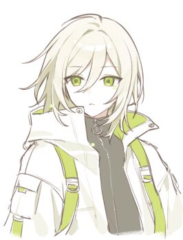 1girl ahoge black_jacket brown_hair commentary_request cropped_torso facial_mark green_eyes hair_intakes hijiri_(resetter) jacket looking_to_the_side open_clothes open_jacket original parted_lips simple_background solo upper_body white_background white_jacket