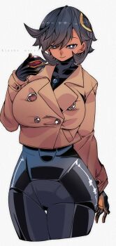 Rule 34 | 1girl, black bodysuit, black gloves, black hair, bodysuit, brown jacket, dark skin, emma (pokemon), gloves, hair ornament, hairclip, holding, holding poke ball, jacket, kinakomochi (user vedc2333), long sleeves, looking at viewer, mega stone, nintendo, poke ball, poke ball (basic), pokemon, pokemon legends: z-a, purple eyes, short hair, smile, standing, white background