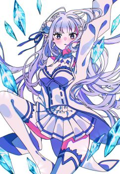 1girl arm_up blunt_bangs cryokinesis detached_collar emilia_(re:zero) flower frills hair_flower hair_ornament hair_ribbon highres ice ice_shard jouge2983 leg_up long_hair miniskirt parted_lips pleated_skirt pointy_ears purple_eyes purple_ribbon re:zero_kara_hajimeru_isekai_seikatsu ribbon rose skirt solo thighhighs white_flower white_rose