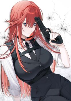 1girl absurdres aiming_up black_nails black_necktie black_pants black_vest blood blood_on_clothes blue_eyes breasts bullet_hole buttons closed_mouth collared_shirt commentary crack dress_shirt expressionless gun hair_between_eyes handgun highres holding holding_gun holding_weapon large_breasts long_hair necktie original pants red_hair shirt sleeve_cuffs sleeves_pushed_up solo stain straight_hair swept_bangs tatsuma_daisuke unbuttoned_sleeves vest weapon white_background white_shirt wrinkled_fabric