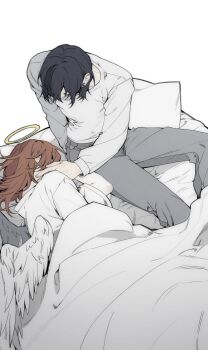 Rule 34 | 2boys, absurdres, angel devil (chainsaw man), angel wings, bed sheet, black hair, brown hair, chainsaw man, commentary request, e96l2, earrings, feathered wings, grey pants, hair over one eye, halo, hand on another's neck, hayakawa aki, highres, jewelry, looking at another, male focus, multiple boys, pants, pillow, shirt, under covers, white background, white shirt, white wings, wings, yaoi