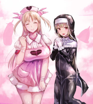 2girls alternate_costume apron black_dress blonde_hair closed_eyes closed_mouth collared_shirt cosplay costume_switch dress fang gloves highres long_hair looking_at_viewer multiple_girls natori_sana natori_sana_(cosplay) natori_sana_(nurse) nijisanji open_mouth own_hands_together pink_apron red_eyes sana_channel shirt sister_claire sister_claire_(1st_costume) sister_claire_(cosplay) skin_fang smile sukumo_(kemutai) two_side_up virtual_youtuber white_gloves white_shirt