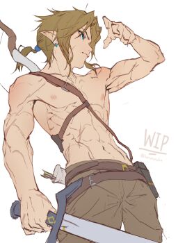 1boy abs absurdres belt blonde_hair bow_(weapon) brown_pants burururubu commentary ear_piercing highres holding holding_sword holding_weapon link looking_to_the_side male_focus multiple_scars muscular muscular_male navel nintendo pants piercing pointy_ears quiver scar simple_background solo sword the_legend_of_zelda the_legend_of_zelda:_breath_of_the_wild topless_male unfinished weapon white_background
