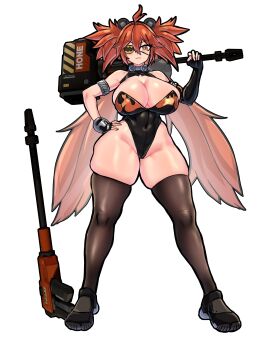 1girl absurdres aged_up ahoge alternate_breast_size_(larger) animal_ears bear_ears black_pantyhose black_thighhighs breasts cleavage commentary_request eyepatch fake_animal_ears hair_between_eyes hair_ornament highleg highres koleda_belobog large_breasts long_hair looking_at_viewer mold_(pixiv6616319) pantyhose red_eyes red_hair solo sphere_hair_ornament thighhighs thighs twintails zenless_zone_zero