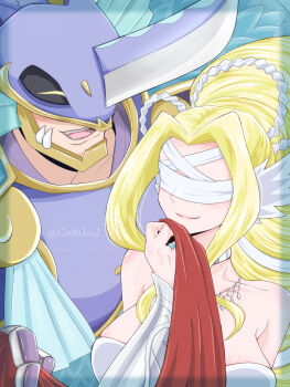 1boy 1girl absurdres bare_shoulders blindfold blonde_hair breasts closed_eyes digimon digimon_(creature) digimon_story:_time_stranger dress highres holding holding_unworn_clothes holding_unworn_scarf kumi_(s2o9o3os2) large_breasts long_hair neptunemon open_mouth red_scarf scarf strapless strapless_dress unworn_scarf upper_body venusmon