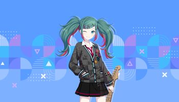 1girl 39 ;) aqua_eyes aqua_nails bass_guitar black_cardigan black_skirt blue_background cardigan closed_mouth collared_shirt colorful_palette fingernails game_cg green_hair hair_ornament hairclip hand_in_pocket hatsune_miku highres instrument leo/need_miku long_hair multicolored_hair nail_polish necktie official_art one_eye_closed patch pink_hair pink_necktie pleated_skirt project_sekai shirt skirt smile solo star_(symbol) streaked_hair third-party_source triangle twintails vocaloid white_shirt x_hair_ornament