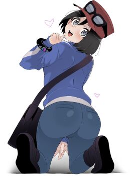 1boy :d bag black_bag black_boots black_hair blue_jacket boots bracelet calem_(pokemon) eyewear_on_headwear full_body grey_eyes hand_up hat heart highres jacket jewelry kneeling long_sleeves male_focus nintendo open_mouth pants pokemon pokemon_xy red_hat sana_(37pisana) shoulder_bag smile solo sunglasses teeth tongue upper_teeth_only white_background