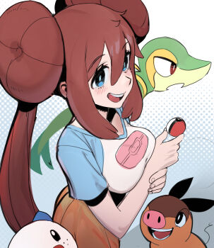 Rule 34 | 1girl, absurdres, blue eyes, breasts, brown hair, donut hair bun, double bun, gen 5 pokemon, hair bun, hands up, highres, holding, holding poke ball, light blush, light pupils, long hair, looking at viewer, medium breasts, nintendo, open mouth, oshawott, poke ball, poke ball (basic), poke ball print, pokemon, pokemon (creature), pokemon bw2, raglan sleeves, rosa (pokemon), shirt, sho-n-d, short sleeves, smile, snivy, starter pokemon trio, t-shirt, tepig, twintails, underbust
