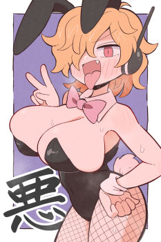 1girl ahoge animal_ears black_leotard blonde_hair blush border bow bowtie breasts cleavage collar commentary cowboy_shot fake_animal_ears fake_tail fang fishnet_leggings hair_over_one_eye hand_on_own_hip headset highres huge_breasts kurachi_mizuki leotard medium_hair messy_hair one_piece open_mouth pink_bow pink_bowtie pink_collar pink_tail playboy_bunny purple_background rabbit_ears rabbit_tail red_eyes simple_background smile solo strapless strapless_leotard sweat tail tongue tongue_out translation_request v v-shaped_eyebrows variant_set vegapunk_lilith white_border white_wrist_cuffs wrist_cuffs