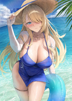 1girl absurdres blonde_hair blue_dress blue_eyes blue_sky blush breasts brown_dust_(series) brown_dust_2 chco cleavage closed_mouth commentary cowboy_shot day dress earrings hair_over_one_eye hand_on_headwear hat highres innertube jewelry large_breasts lens_flare long_hair long_sleeves looking_at_viewer necklace ocean official_alternate_costume one_eye_covered outdoors palm_leaf shrug_(clothing) skindentation sky solo standing straw_hat sun_hat swim_ring thigh_strap very_long_hair water water_drop wet wilhelmina_(brown_dust) wilhelmina_(water_park_queen)_(brown_dust)