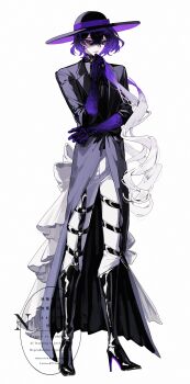 1boy :/ absurdres back_bow black_boots black_coat black_eyes black_gloves black_hair black_hat black_shirt boots bow call_of_cthulhu closed_mouth coat crossed_bangs diamond-shaped_pupils diamond_(shape) elbow_gloves expressionless full_body gloves gradient_gloves gradient_hair hair_between_eyes hair_over_shoulder hand_on_own_chin hand_on_own_elbow hat high_heel_boots high_heels highres knee_boots lapels lipstick long_coat long_hair long_hair_between_eyes long_sleeves looking_at_viewer low_side_ponytail makeup multicolored_hair notched_lapels original pants peckii_cookie purple_gloves purple_hair purple_lips purple_pupils ringlets shirt simple_background solo standing stiletto_heels symbol-shaped_pupils thigh_strap two-sided_fabric two-sided_headwear white_background white_bow white_hair white_pants