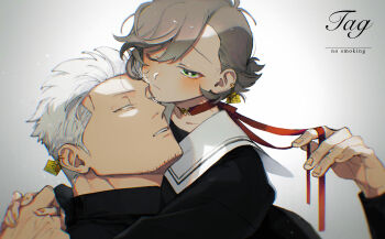 1boy 1girl absurdres arms_around_neck asymmetrical_bangs black_shirt choker closed_mouth collarbone collared_shirt commentary_request couple ear_tag facial_hair goatee_stubble green_eyes grey_hair hetero highres holding_hands hug kabane_(rjev8385) light_particles long_sleeves looking_at_viewer oc_x_canon one_eye_closed one_piece original parted_lips ribbon_choker sailor_collar school_uniform shirt smoker_(one_piece) stubble upper_body white_background white_hair white_sailor_collar yellow_eyes