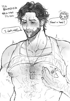 2boys absurdres arm_hair bara blush chest_hair closed_eyes clothes_lift commentary_request deadpool dog_tags english_text facial_hair full-face_blush hairy hand_hair hand_on_own_chest highres immjb5x8u9akn7a lactation large_pectorals male_focus male_lactation marvel milk monochrome multiple_boys muscular muscular_male nipples open_mouth pectorals short_hair solo_focus speech_bubble sweatdrop tank_top teeth wolverine_(x-men) x-men x-men_film_series x-men_origins:_wolverine yaoi