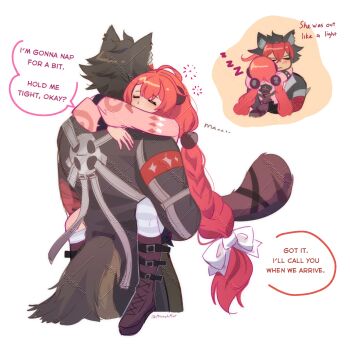 1boy 1girl animal_ear_piercing animal_ears black_hair boots dog_boy dog_ears dog_tail highres hug kamanosuke_(zenless_zone_zero) komano_manato marinah multicolored_hair piercing pink_sweater red_hair size_difference speech_bubble sweater tail twintails ukinami_yuzuha zenless_zone_zero