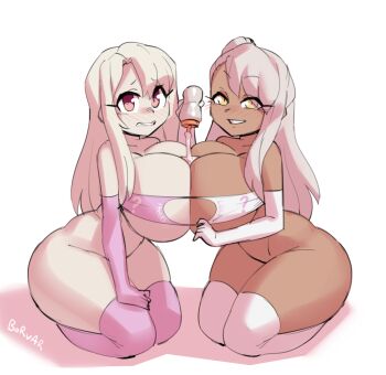 2girls alternate_breast_size artist_name asymmetrical_docking blonde_hair blush borvar breast_press breasts chloe_von_einzbern curvy dark-skinned_female dark_skin elbow_gloves embarrassed fate/kaleid_liner_prisma_illya fate_(series) gloves highres huge_breasts illyasviel_von_einzbern kneeling long_hair looking_at_viewer lotion lotion_bottle multiple_girls naughty_face oppai_loli paizuri_invitation pink_gloves pink_hair pink_thighhighs ponytail red_eyes smile thick_thighs thighhighs thighs white_background white_gloves white_thighhighs worried yellow_eyes