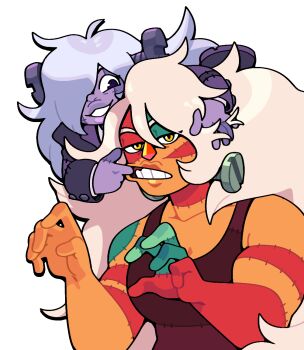 2girls alternate_costume amethyst_(steven_universe) breasts colored_skin discount-supervillain gem grin jasper_(post-corruption)_(steven_universe) jasper_(species)_(steven_universe) jasper_(steven_universe) long_hair multiple_girls muscular muscular_female orange_skin smile steven_universe steven_universe:_future steven_universe_future striped_skin thick_lips very_long_hair white_hair yellow_eyes