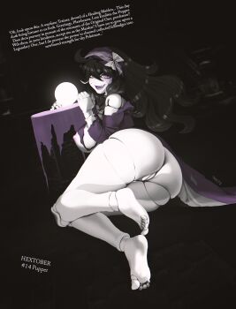 1girl ass bare_legs barefoot black_background black_hair bottomless breasts cracked_skin doll_joints hairband hex_maniac_(pokemon) hex_maniac_(pokemon_xy) highres huge_ass indoors joints large_breasts long_hair looking_at_viewer lying mechanization nintendo nipples orb pokemon pokemon_xy purple_eyes purple_hairband purple_lips smile solo the_kite thick_thighs thighs torn_clothes very_long_hair wide_hips