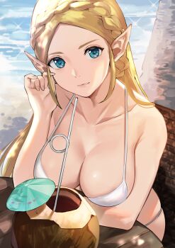 1girl adjusting_hair bare_shoulders beach bikini blonde_hair blue_eyes blush braid breasts cleavage closed_mouth cocktail_umbrella coconut collarbone commentary crown_braid day drinking_straw forehead hand_up highres j@ck large_breasts long_hair looking_at_viewer nintendo ocean outdoors pointy_ears princess_zelda sitting skindentation smile solo swimsuit the_legend_of_zelda the_legend_of_zelda:_breath_of_the_wild upper_body water white_bikini