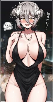 1girl @_@ absurdres black_dress blush border breasts breasts_apart collarbone commentary cowboy_shot curled_horns doodle_inset double-parted_bangs double_bun dress english_commentary fang grey_hair groin hair_between_eyes hair_bun hair_ornament highres horns huge_breasts jewelry long_hair_between_eyes looking_at_viewer mole mole_on_breast necklace open_mouth original outside_border revealing_clothes short_hair skin_fang sleeveless sleeveless_dress smile solo solo_focus sweat translation_request white_border white_horns x_hair_ornament yellow_eyes yuka_(yukaraishin) yukaraishin