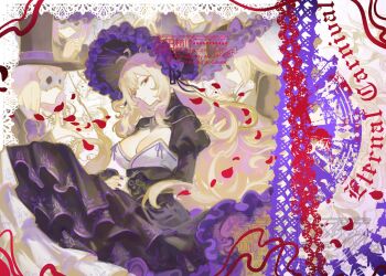 1boy 2girls black_dress black_hat black_ribbon blonde_hair bloodfiend_of_the_happy_parade_(project_moon) bloodfiend_of_the_joyful_parade_(project_moon) bonnet breasts cleavage dress dulcinea_(project_moon) ferris_wheel hat highres juliet_sleeves large_breasts limbus_company long_hair long_sleeves mask multiple_girls nishikujic petals project_moon puffy_sleeves purple_bonnet purple_nails purple_ribbon red_eyes ribbon top_hat very_long_hair