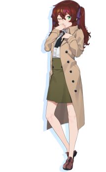 Rule 34 | 1girl, brown hair, coat, flat chest, full body, green eyes, hans.b, long hair, looking at viewer, maitoko yuri, one eye closed, open clothes, open coat, skirt, solo, tachi-e, teikan no eve bethel, transparent background