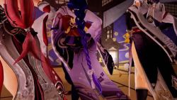 3d 3girls animated audible_music bengugu blue_hair bouncing_breasts braid breasts clothed_female_nude_male genshin_impact grinding hands_on_own_hips hetero high_heels highres hilichurl_(genshin_impact) indoors interspecies kujou_sara long_hair low-braided_long_hair low-tied_long_hair mask multiple_boys multiple_girls music nipple_slip nipples nude penis pink_hair purple_hair pussy raiden_shogun sex sin_sack sound testicles thighhighs uncensored vaginal very_long_hair video walking what yae_miko