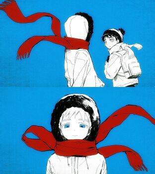 Rule 34 | 2boys, arms behind back, backpack, bag, beanie, blue background, blue eyes, chun baii, closed mouth, commentary request, floating scarf, gloves, greyscale with colored background, hat, highres, hood, hood up, hooded jacket, jacket, kenny mccormick, long sleeves, male focus, monochrome, multiple boys, multiple views, pom pom (clothes), pom pom beanie, red scarf, scarf, south park, spot color, stan marsh