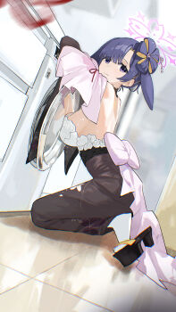 1girl absurdres animal_ears back_bow backless_shirt bare_back black_skirt blue_archive blush bow breasts chinese_commentary closed_mouth commentary_request detached_sleeves ears_down from_side hair_bun halo highres kneeling large_breasts long_skirt pencil_skirt pink_bow platform_sandals purple_eyes purple_hair purple_halo rabbit_ears sandals shirt skirt solo tabi tianqing_miaofa_hao tsukuyo_(blue_archive) tsukuyo_(dress)_(blue_archive) washing_machine white_shirt