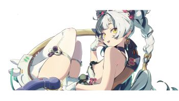 1girl bare_shoulders black_hair braid breasts crossed_legs dialyn_(zenless_zone_zero) hair_ornament highres knees_up long_hair looking_at_viewer mindscape_cinema_(zenless_zone_zero) multicolored_hair no_shoes official_art panda_hair_ornament parted_lips small_breasts smile solo split-color_hair thighhighs transparent_background two-tone_hair white_hair white_thighhighs yellow_eyes zenless_zone_zero