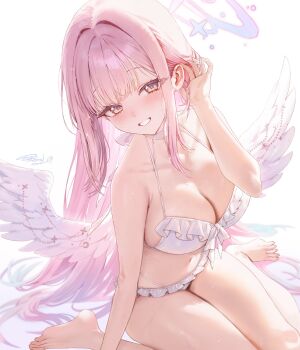 1girl absurdres adjusting_hair angel_wings bikini blue_archive blush breasts choker cleavage feathered_wings feet freng gradient_eyes hair_intakes halo head_tilt highres large_breasts long_hair looking_at_viewer low_wings mika_(blue_archive) mika_(swimsuit)_(blue_archive) multicolored_eyes navel official_alternate_costume official_alternate_hairstyle pink_hair pink_halo signature simple_background sitting smile solo swimsuit thighs toes wariza white_background white_bikini white_choker white_wings wing_ornament wings yellow_eyes