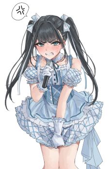 1girl absurdres aburi-gatana amaya_tsubame anger_vein angry black_hair blue_dress blue_eyes blush bow clenched_teeth collarbone commentary_request cowboy_shot detached_collar dress embarrassed frilled_dress frills gakuen_idolmaster gloves hair_bow highres holding holding_microphone idolmaster knees_together_feet_apart long_hair looking_at_viewer microphone neck_ribbon open_mouth peanut_mouth ribbon sidelocks simple_background solo speech_bubble spoken_anger_vein teeth twintails white_background white_bow white_gloves