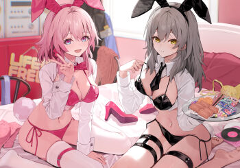 2girls alternate_costume animal_ears barefoot bikini black_bikini black_necktie bow bowtie breasts cleavage fake_animal_ears fake_tail food grey_hair hand_up high_heels highres honkai:_star_rail honkai_(series) indoors large_breasts long_hair looking_at_viewer march_7th_(honkai:_star_rail) medium_hair motto_(night_wear) multicolored_eyes multiple_girls navel necktie on_bed open_mouth parted_lips pink_bikini pink_bow pink_bowtie pink_hair playboy_bunny rabbit_ears rabbit_tail seiza shoes sitting smile stelle_(honkai:_star_rail) stomach swimsuit tail thigh_strap thighhighs trailblazer_(honkai:_star_rail) tray unworn_shoes v wariza white_thighhighs wing_collar yellow_background