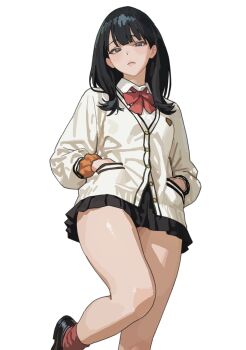 Rule 34 | 1girl, black hair, black shoes, black skirt, blue eyes, bow, bowtie, cardigan, closed mouth, commentary, gridman universe, h4sh1rnoto, hands in pockets, highres, leg up, long hair, looking at viewer, orange scrunchie, pleated skirt, red bow, red bowtie, red socks, school uniform, scrunchie, shirt, shoes, simple background, skirt, socks, solo, ssss.gridman, takarada rikka, white background, white cardigan, white shirt, wrist scrunchie