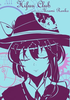 Rule 34 | 1girl, asymmetrical hair, bilingual commentary, black capelet, black hair, black hat, blue theme, bow, capelet, character name, chinese commentary, clock, closed eyes, closed mouth, collared shirt, commentary, english text, funnytt, gears, hair bow, hat, hat bow, highres, medium hair, mixed-language commentary, shirt, solo, touhou, usami renko, wheel, white shirt