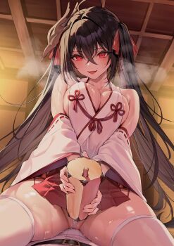 1girl absurdres alternate_costume azur_lane bare_shoulders black_hair blush breasts classic_(zildjian33) commentary english_commentary girl_on_top hair_between_eyes highres japanese_clothes large_breasts long_hair looking_at_viewer mask mask_on_head miko mixed-language_commentary open_mouth paid_reward_available panties panty_peek pov red_eyes red_skirt skirt smile solo_focus taihou_(azur_lane) thighhighs thighs underwear variant_set white_panties white_thighhighs wide_sleeves