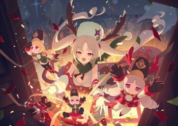 4girls antlers arm_warmers bare_shoulders breasts character_doll character_request christmas cleavage cleavage_cutout clothing_cutout cookie_hat_ornament detached_sleeves doll dress floating_hair from_inside fur_arm_warmers fur_hat game_cg green_scarf grey_hair hair_ornament hair_scrunchie hat highres hip_vent horned_hat horns knit_dress knit_sweater large_breasts laru_(snowish)_(stella_sora) laru_(stella_sora) long_hair looking_at_viewer monolith_(object) multiple_girls night non-web_source official_art open_box open_window outdoors papakha parted_bangs purple_eyes red_eyes red_scrunchie red_sleeves scarf scrunchie single_arm_warmer single_sleeve_past_wrist sleeveless sleeveless_dress sleeveless_sweater sleigh stella_sora striped_sleeves sweater sweater_dress twintails very_long_hair white_arm_warmers white_dress white_sweater window