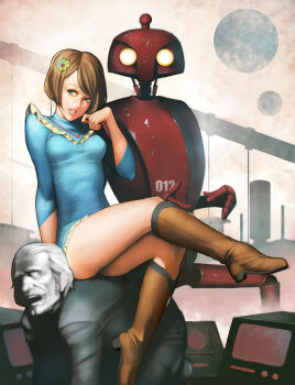 1boy 1girl ataruman blue_dress blue_eyes boots breasts brown_boots brown_hair chargeman_ken! dress facial_hair flower formal_clothes hair_flower hair_ornament highres human_chair human_furniture looking_at_viewer medium_hair mustache nagisa-sensei no._12_(chargeman_ken!) parted_bangs robot short_hair sitting sitting_on_person small_breasts suit teacher what