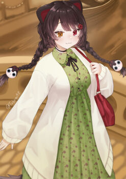 1girl :3 absurdres animal_ears animal_hair_ornament arm_at_side bag braid braided_twintails breasts brown_hair closed_mouth collared_dress commentary_request cowboy_shot dog_ears dog_girl dog_tail dress empire_waist flower_hairclip green_dress handbag heterochromia highres inui_toko inui_toko_(fall_casual) jacket long_dress long_sleeves looking_at_viewer low_twin_braids low_twintails medium_breasts neck_ribbon nijisanji no_headwear official_alternate_costume pleated_dress print_dress red_bag red_eyes ribbon smile solo swept_bangs tail tebingo twin_braids twintails virtual_youtuber white_jacket yellow_eyes