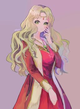 bad_id bad_twitter_id blonde_hair circlet dress fes4 fire_emblem fire_emblem:_the_binding_blade gem gold_circlet gold_necklace green_gemstone guinevere_(fire_emblem) jewelry long_hair necklace nintendo princess queen red_dress red_gemstone yellow_eyes