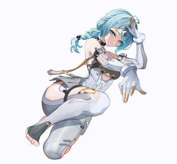 Rule 34 | 1girl, absurdres, ahoge, aqua eyes, bare shoulders, blue eyes, blue hair, blush, braid, breasts, elbow gloves, feet, gloves, green eyes, hair ornament, hairpin, hand up, highres, long hair, looking at viewer, mole, mole on shoulder, nervi fd, seed (zenless zone zero), simple background, smile, solo, toeless legwear, toes, white background, white gloves, zenless zone zero